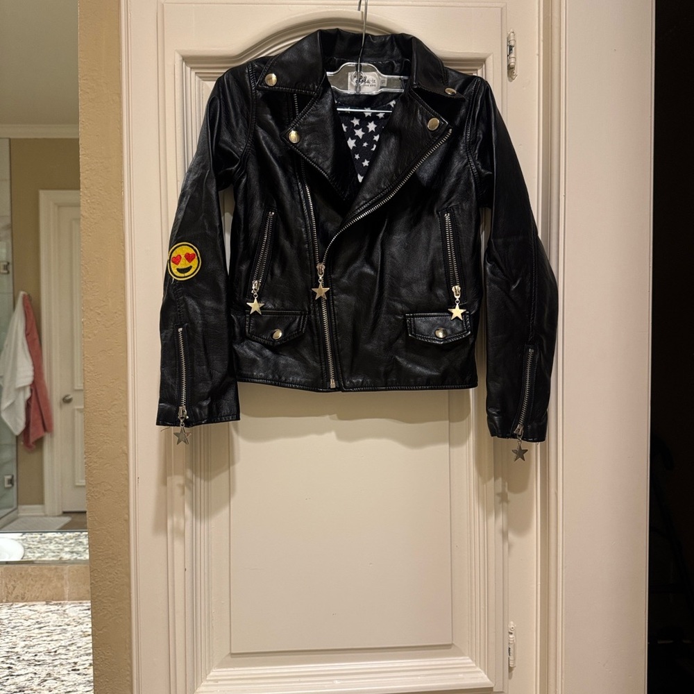 Lola and the Boys Black Vegan Leather Jacket with Rainbow Design
